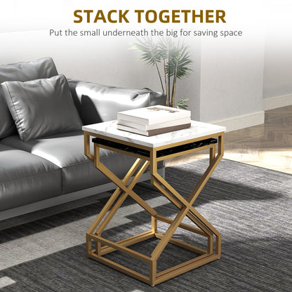HOMCOM Set of Two Marble-Effect Nesting Tables 