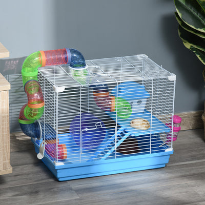 Pawhut 2 Tier Hamster Cage, Gerbil Cage with Handle, Exercise Wheels, Tunnel, Tube, Water Bottle, Dishes, Ladder, for Dwarf, Blue 