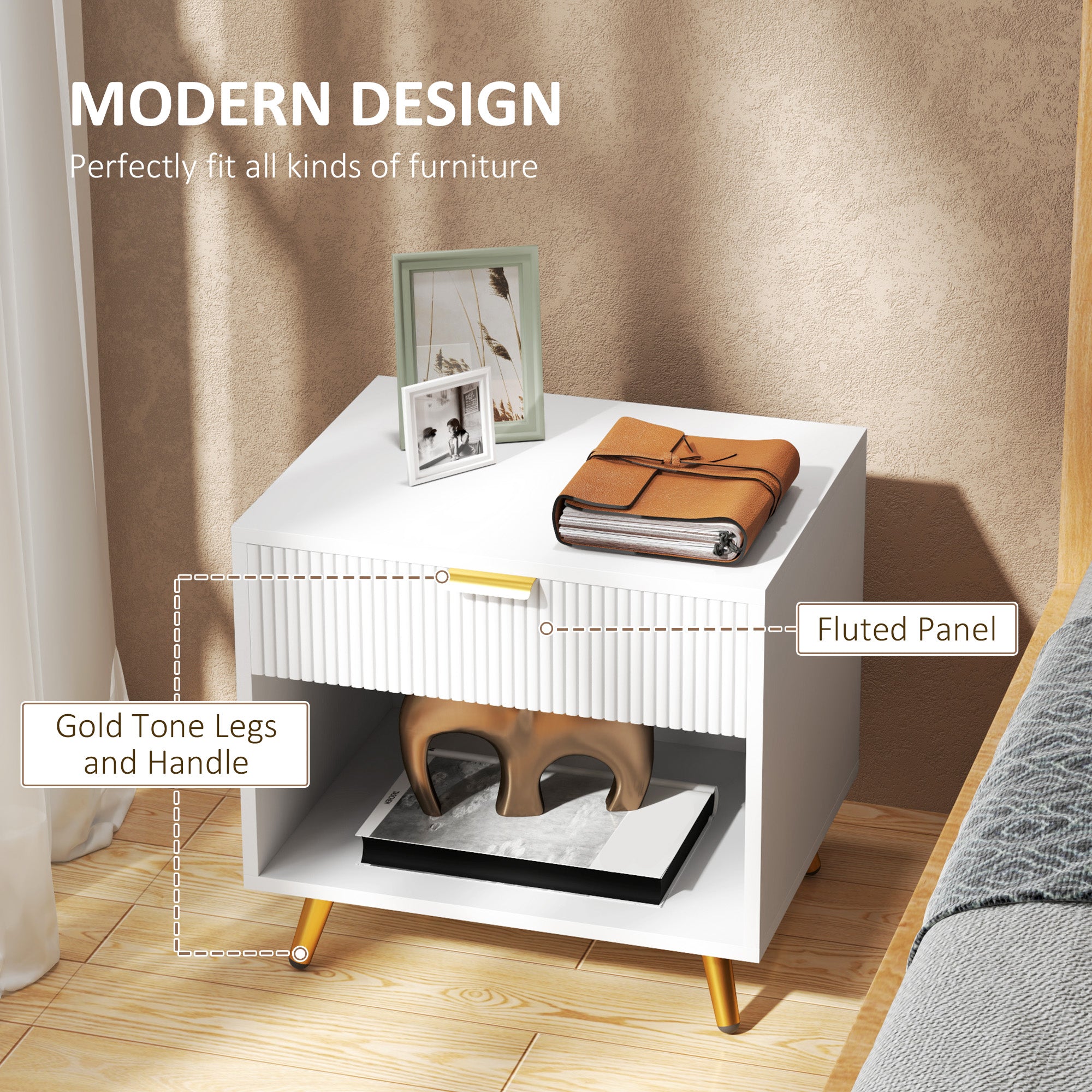 HOMCOM Bedside Tables Set of 2, Bedside Cabinets With Drawer and Open Compartment, Nightstands With Handle for Bedroom, Living Room, White 