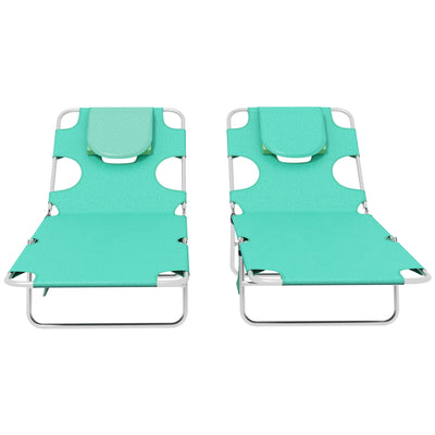 Outsunny Foldable Sun Lounger Set of 2 with Reading Hole, Portable Sun Lounger with 5 Level Adjustable Backrest, Reclining Lounge Chair with Side Pocket, Headrest Pillow, Green 