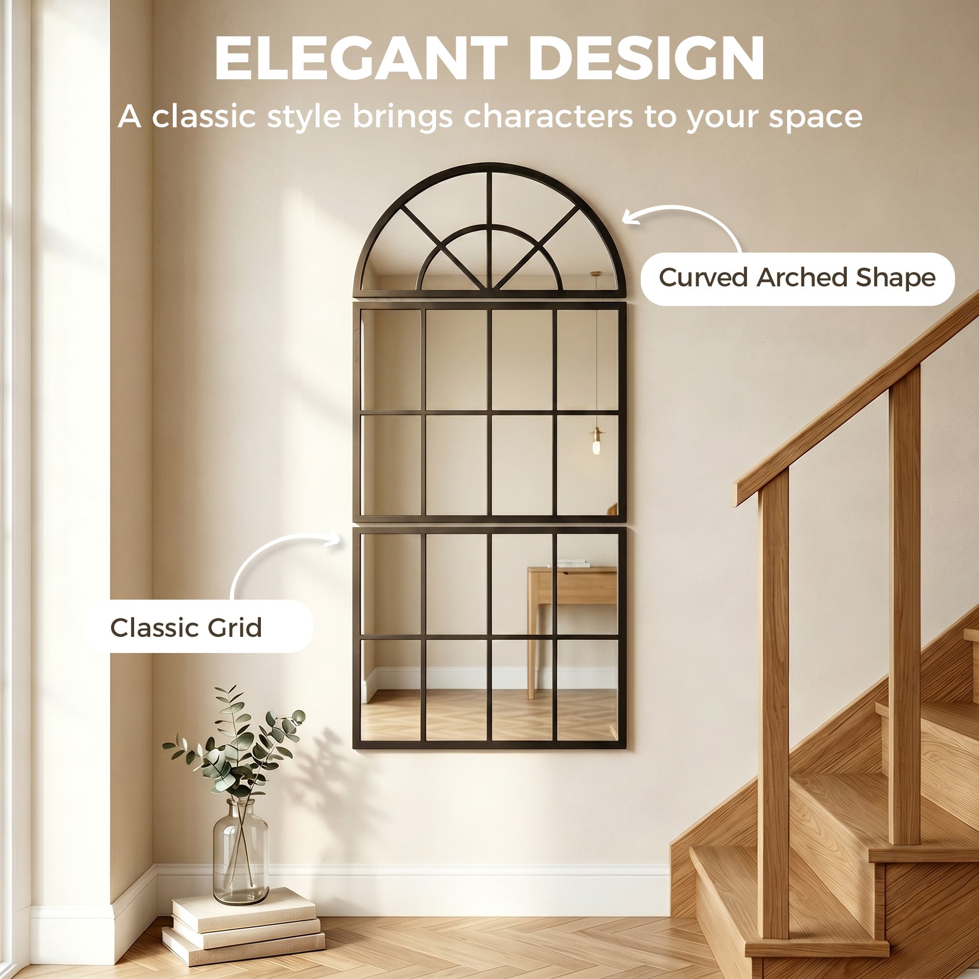 HOMCOM Large Arched Wall Mirror with Metal Grid, 3-Piece Split Window Mirrors, 120 x 54 cm, Black