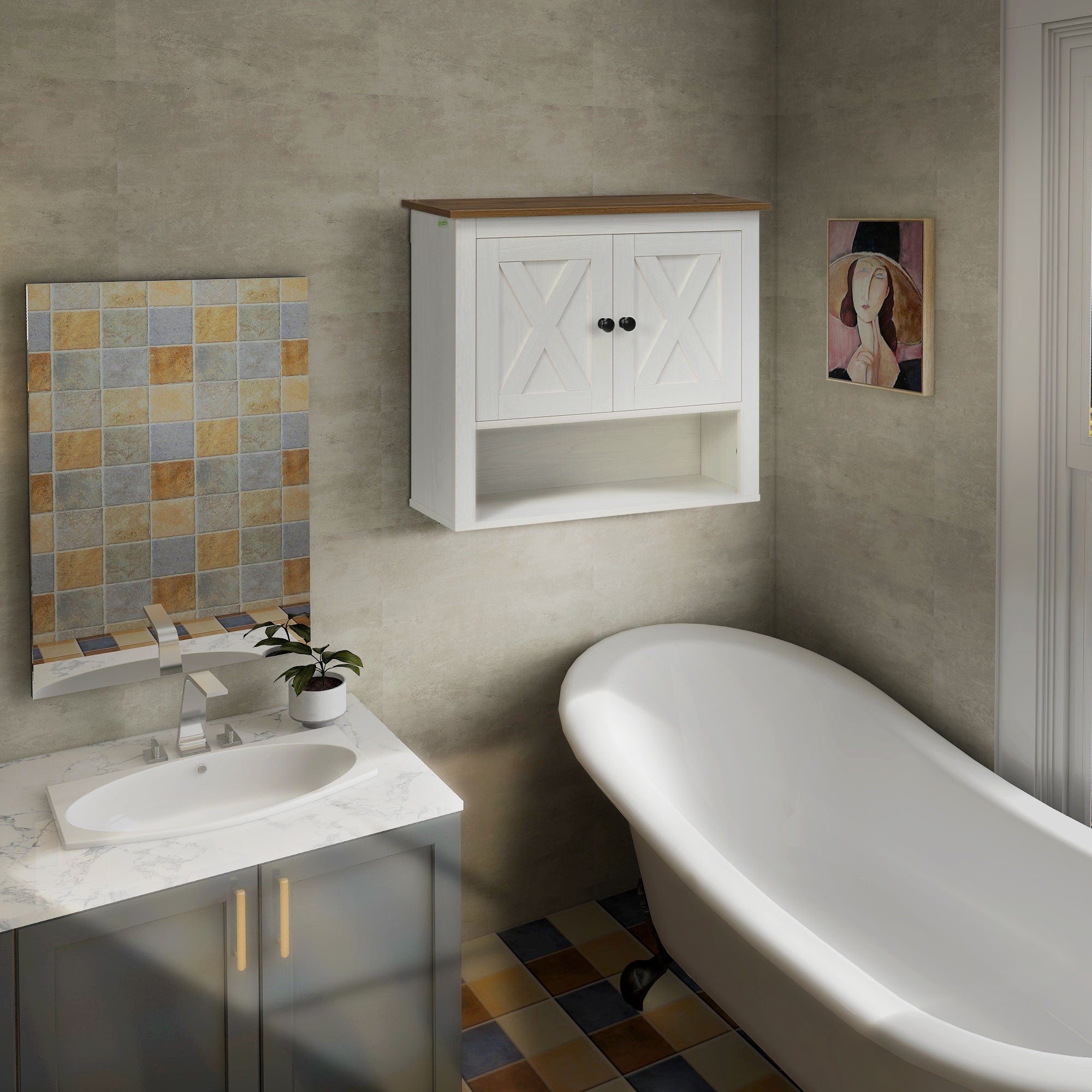 kleankin On-Wall Farmhouse Bathroom Storage Cabinet - White 