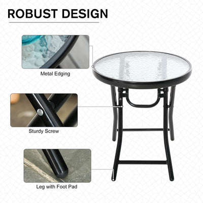 Outsunny Foldable Garden Table, Round Folding Table with Glass Tabletop and Safety Buckle for Patio, Garden, Outdoor, Indoor, Black 