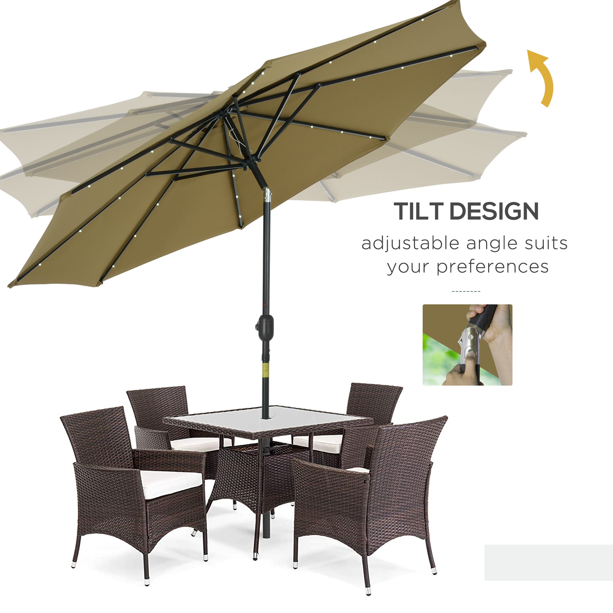 Outsunny 2.7m Patio Garden Umbrella Outdoor Parasol with Tilt Crank and 24 LEDs Lights (Brown) 