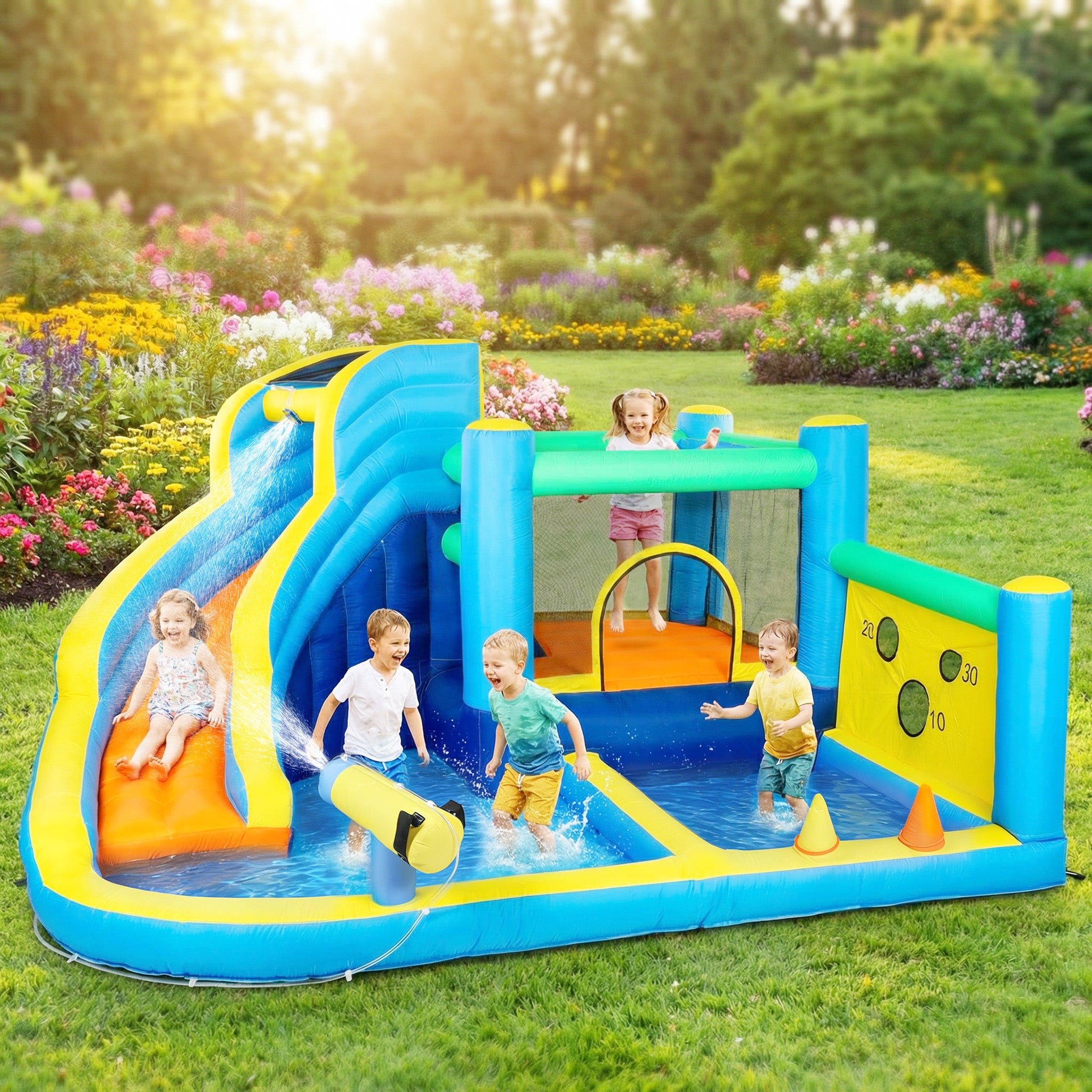 AIYAPLAY 8 in 1 Bouncy Castle for Kids, Inflatable Bounce House with Slide, Pool (Ball Pit), Water Cannon for Indoor Outdoor 