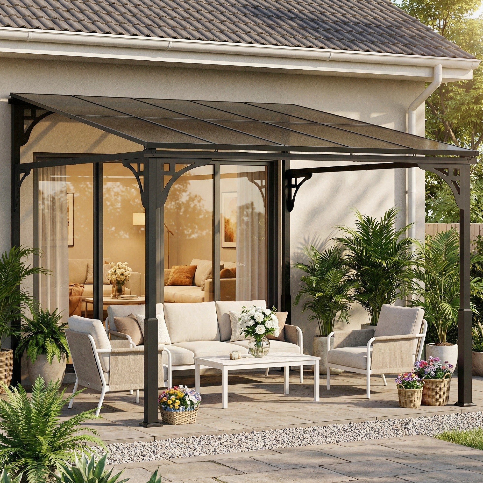 Outsunny 3 x 2.87 m Metal Lean-to Pergola, Wall-Mounted Hardtop Garden Pergola with Polycarbonate Roof and Metal-Aluminium Frame 