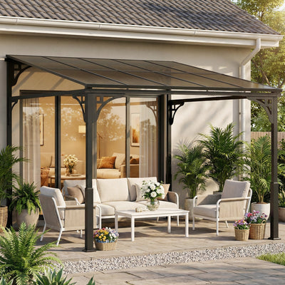 Outsunny 3 x 2.87 m Metal Lean-to Pergola, Wall-Mounted Hardtop Garden Pergola with Polycarbonate Roof and Metal-Aluminium Frame 