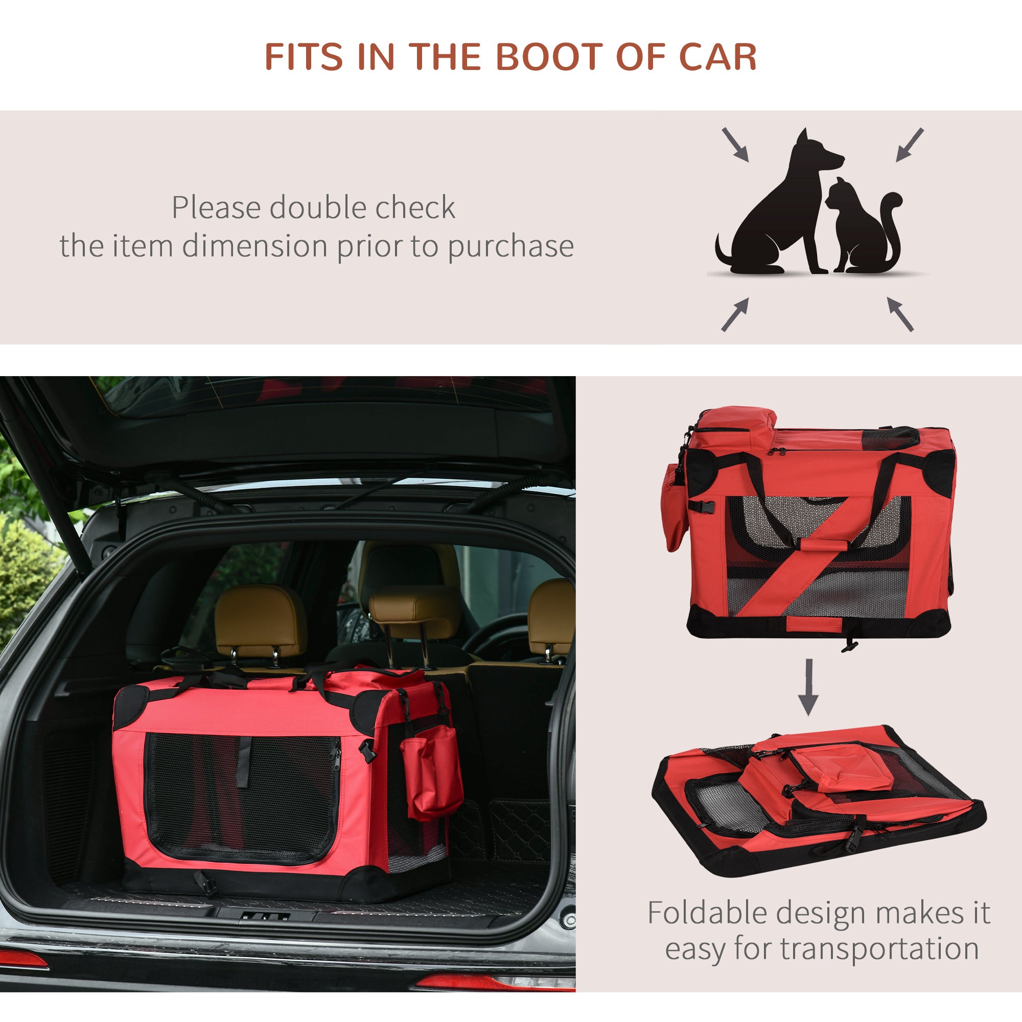 PawHut Foldable Pet Carrier for Small and Miniature Dogs, Portable Cat Carrier Soft Side Pet Travel Crate with Removable Mat, Storage Bags, Breathable Mesh Window 60 x 42 x 42cm - Red 