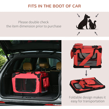 PawHut Foldable Pet Carrier for Small and Miniature Dogs, Portable Cat Carrier Soft Side Pet Travel Crate with Removable Mat, Storage Bags, Breathable Mesh Window 60 x 42 x 42cm - Red 