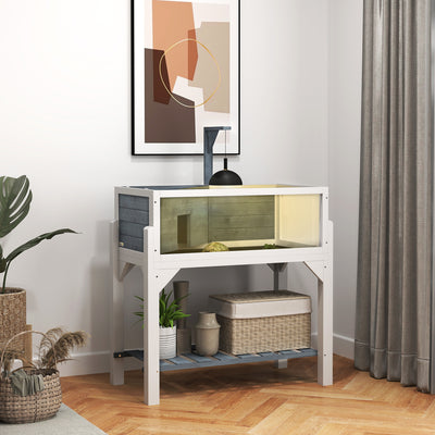 PawHut Wooden Tortoise House with Storage Shelf, Clear Observation Windows, Lamp Holder, Openable Top, Built-in Tray, Grey 
