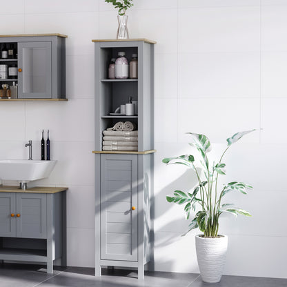 kleankin Bathroom Floor Storage Cabinet with 3 Tier Shelf and Cupboard with Door, Free Standing Linen Tower, Tall Slim Side Organizer Shelves, Grey 