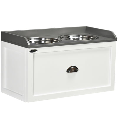 PawHut Stainless Steel Raised Dog Bowls, with 21L Storage Drawer for Large Dogs and Cats - White 