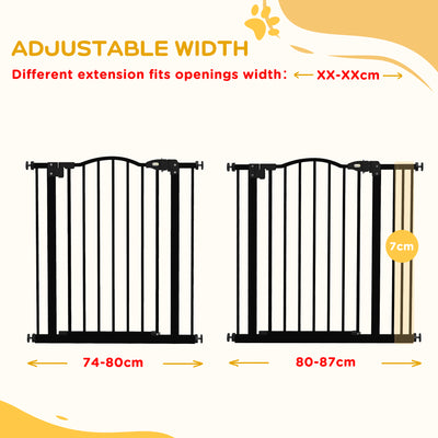 PawHut Metal 74-87cm Adjustable Pet Gate Safety Barrier w/ Auto-Close Door Black 