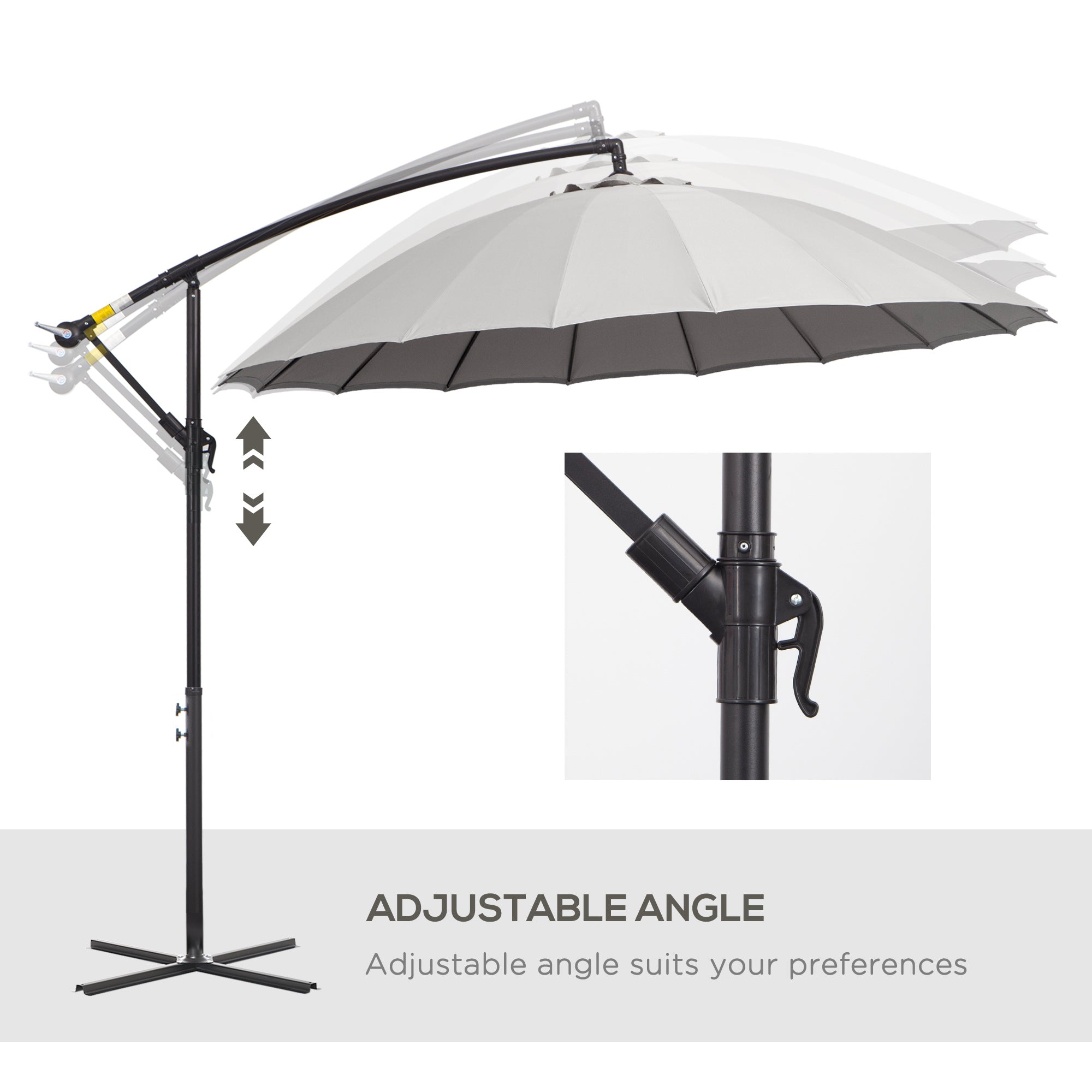 Outsunny 3(m) Cantilever Umbrella 18 Ribs & Vents Adjustable Angle for Patio Light Grey 
