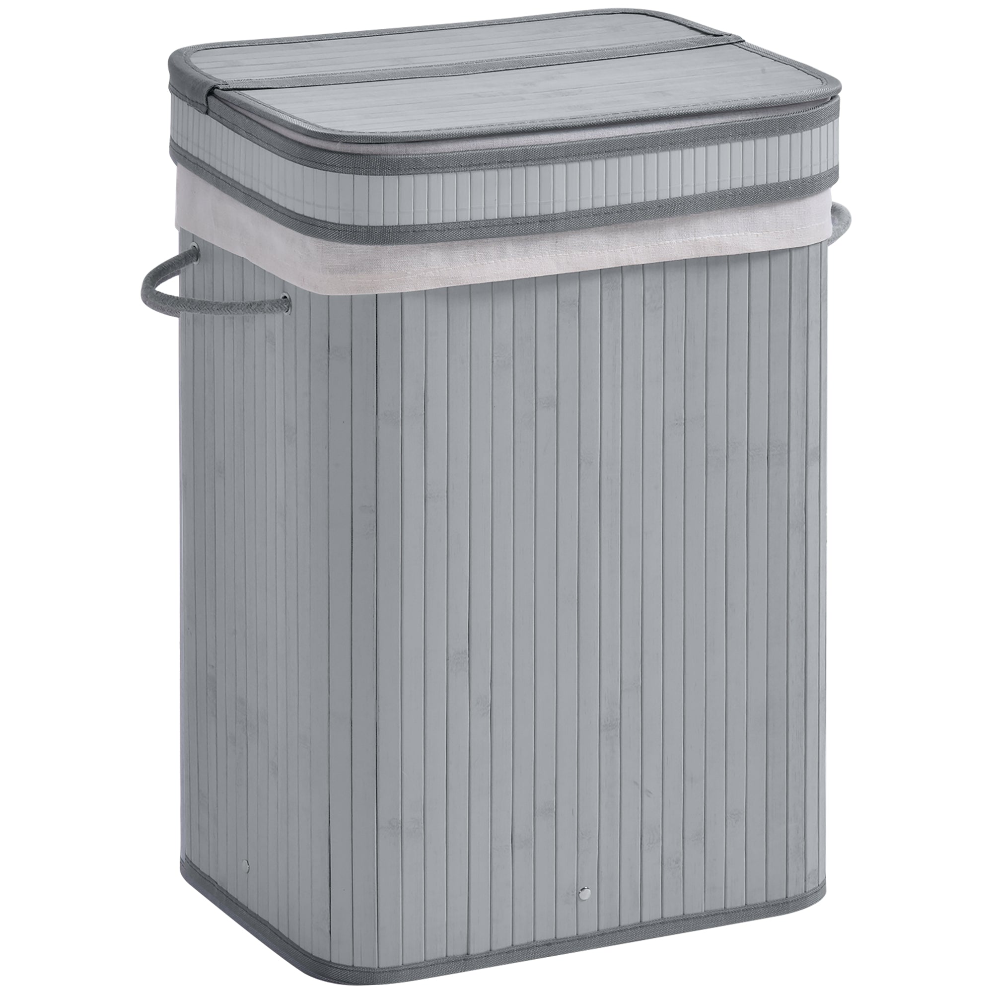 HOMCOM 70L Natural Wood Laundry Basket A Compartment w/Flip Lid Removable Lining Handles Board Base Foldable Durable Water-Resistant Dirty Clothes Storage Home Organisation Grey 
