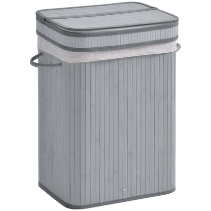 HOMCOM 70L Natural Wood Laundry Basket A Compartment w/Flip Lid Removable Lining Handles Board Base Foldable Durable Water-Resistant Dirty Clothes Storage Home Organisation Grey 