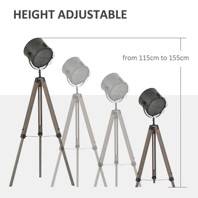 HOMCOM Floor Lamp with Adjustable Tripod for Living Room Bedroom, Vintage Spotlight Reading Lamp with Wood Legs, 115-155cm, Grey 