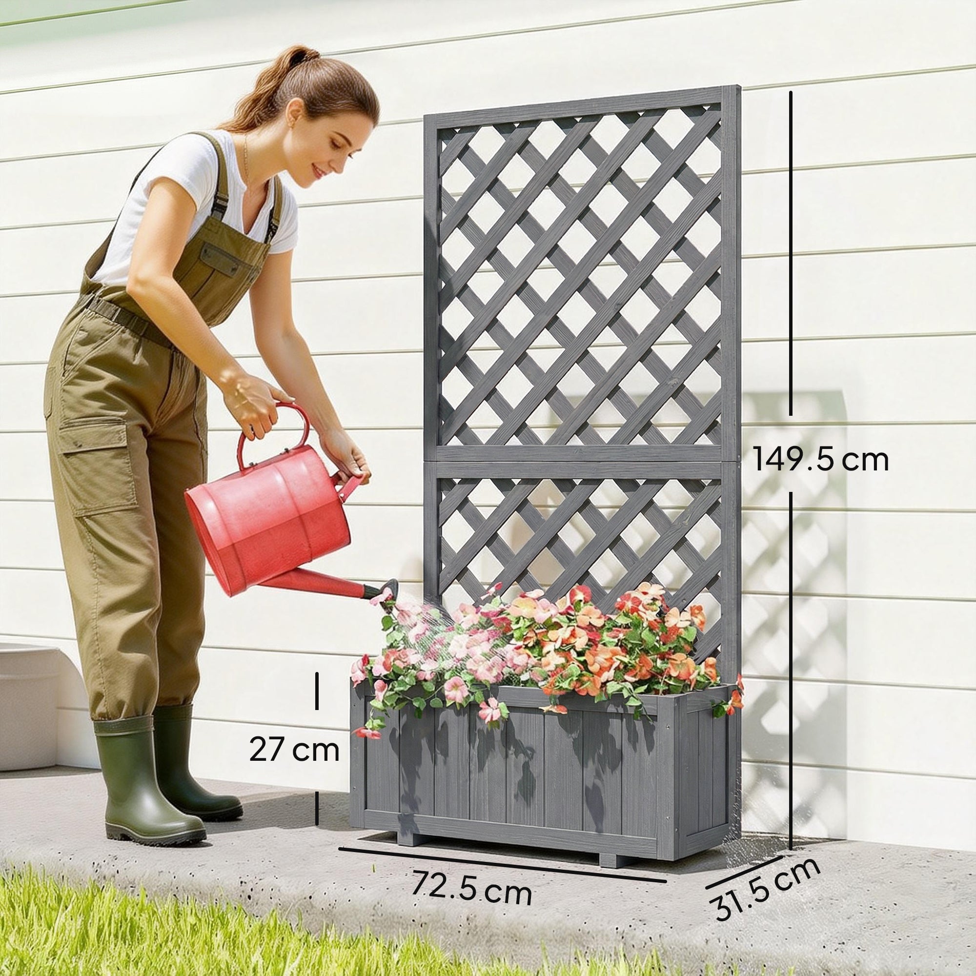Outsunny Wood Planter with Trellis for Climbing Plants, Raised Bed, Planter Box with Drainage Holes to Grow Herbs Flowers, Grey 