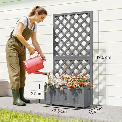 Outsunny Wood Planter with Trellis for Climbing Plants, Raised Bed, Planter Box with Drainage Holes to Grow Herbs Flowers, Grey 