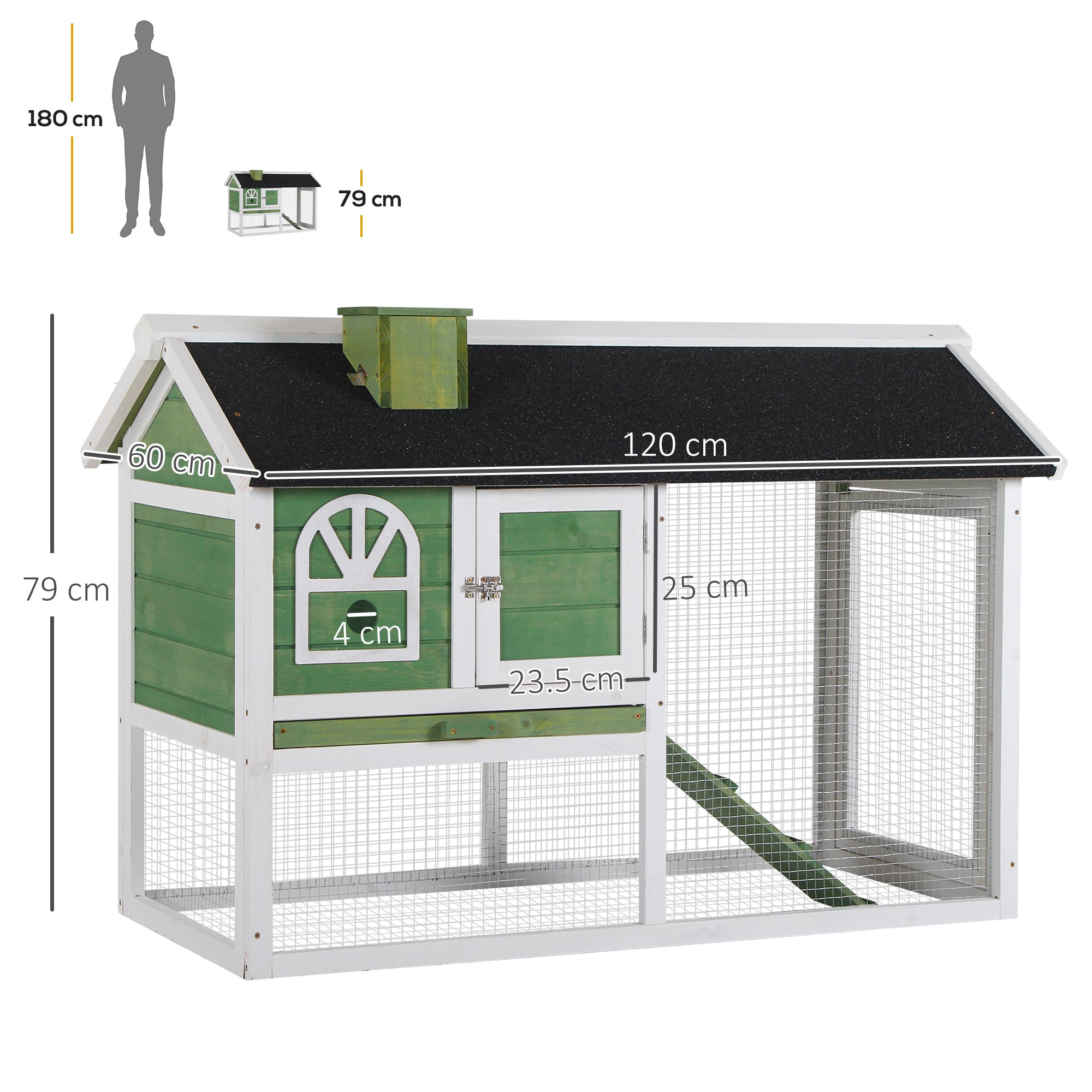 PawHut Wooden Rabbit Hutch and Run with Sliding Tray, Ramp, Water-resistant Roof, for 2-4 Rabbits, Green 