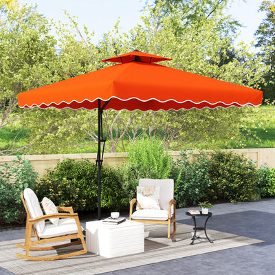 Outsunny 2.5m Cantilever Parasol with Easy Lever, Square Double Top Garden Parasol Umbrella with Ruffles and Cross Base, Overhanging Outdoor Sun Shades, Orange 