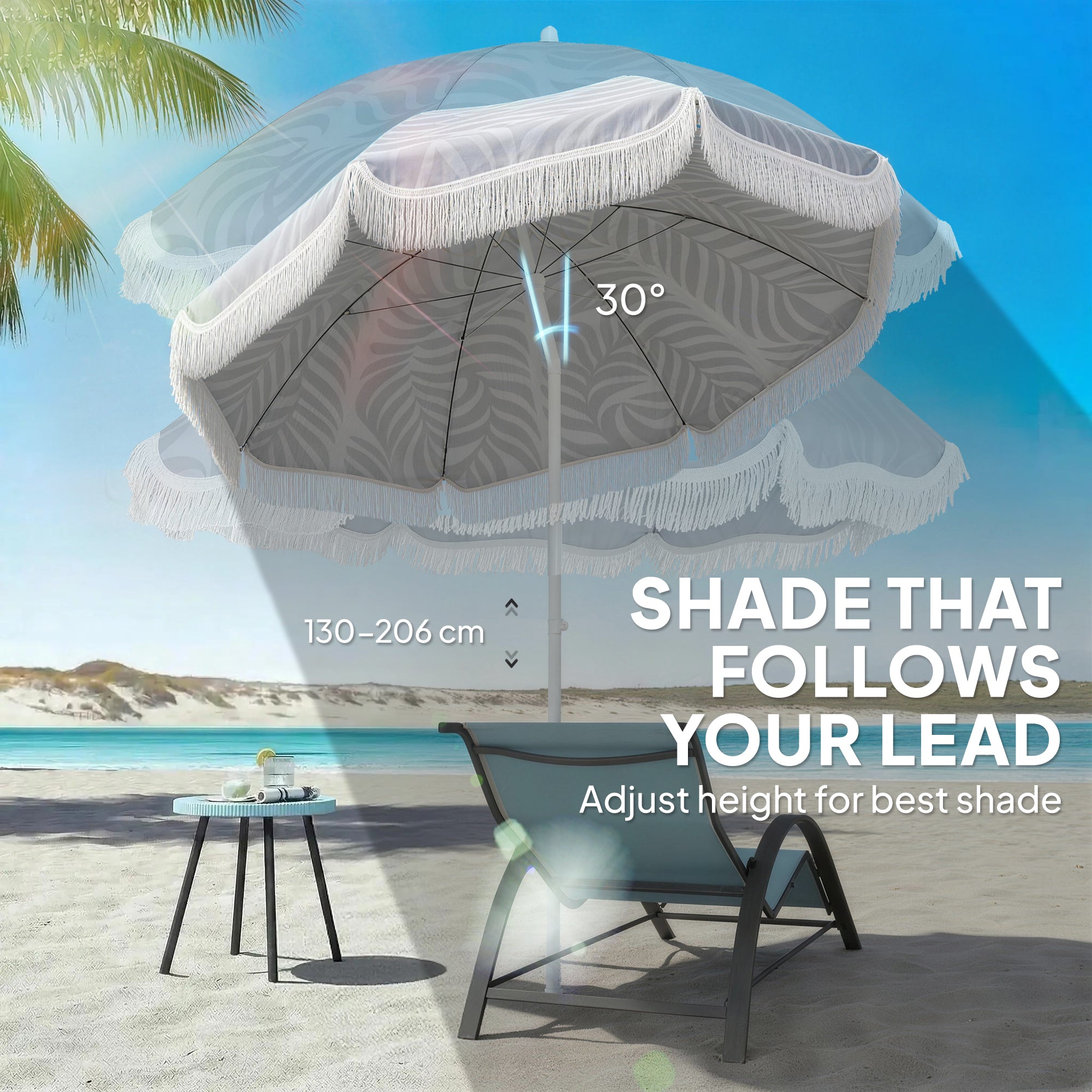 Outsunny 1.8 m Beach Umbrella Parasol with Sand Anchor, Portable Tilting Garden Parasol with Adjustable Height, Light Grey 