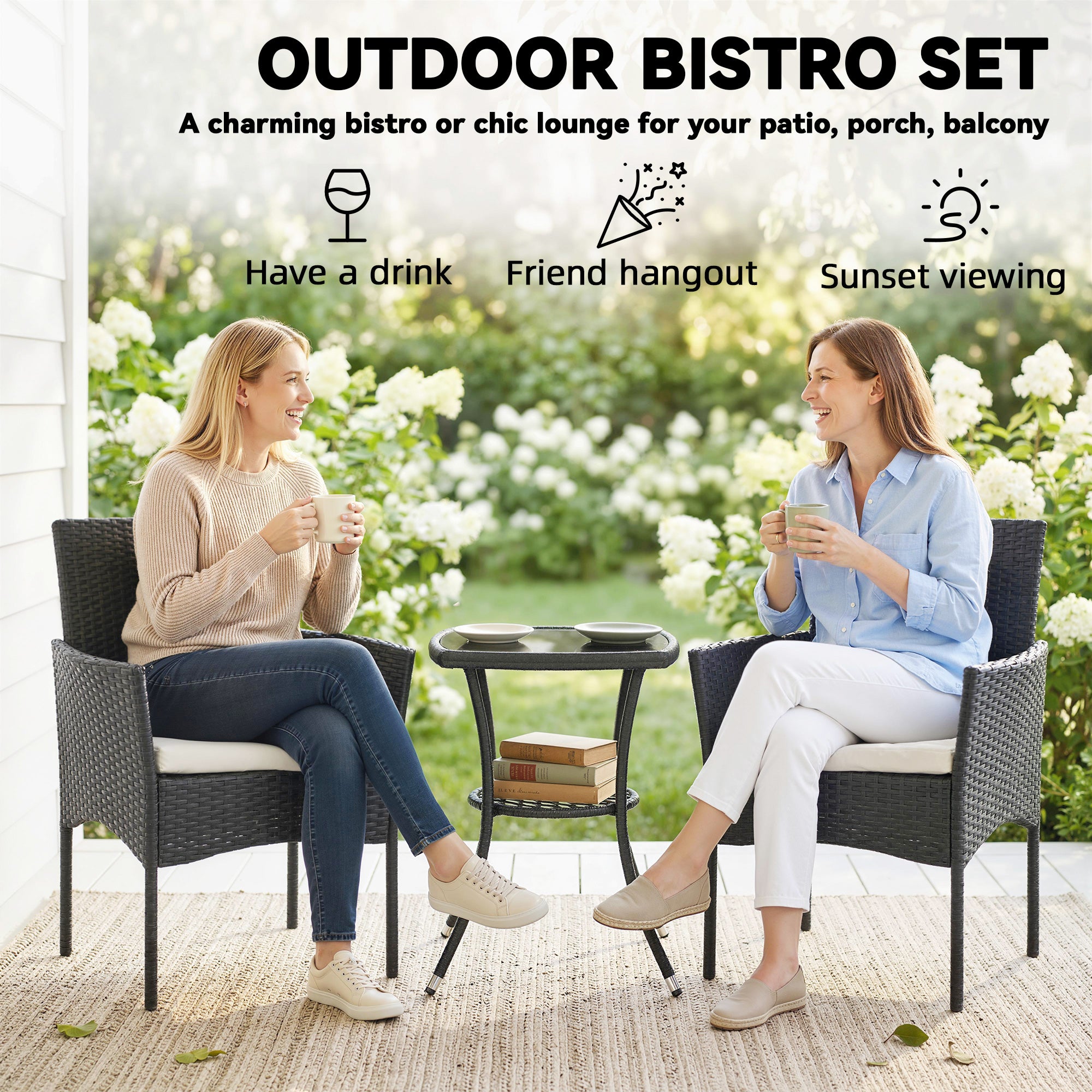Outsunny 3 Piece Rattan Bistro Set, PE Wicker Garden Furniture Conversation Set with 2 Tier Glass-Top Table, Chairs, Cream White 
