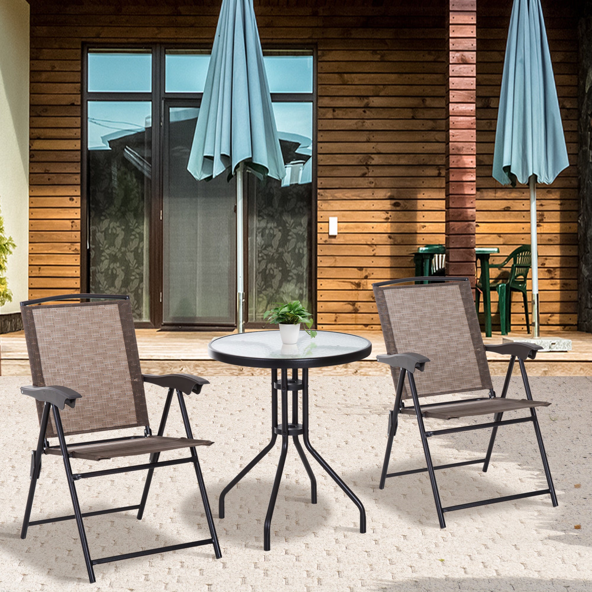 Outsunny 3 Piece Outdoor Bistro Set, Patio Conversation Furniture Set with 2 Folding Backrest Adjustable Armchairs and Glass Top Coffee Table, Brown 