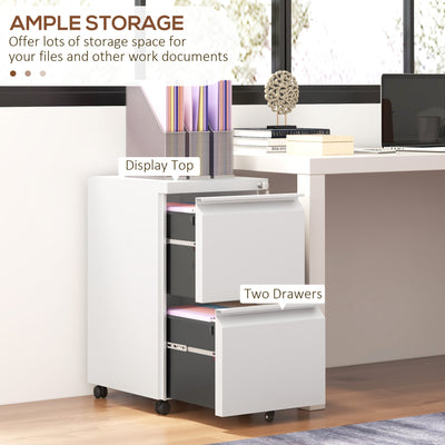 Vinsetto 2-Drawer Mobile Filing Cabinet, Steel Lockable File Cabinet for Letter, A4 and Legal Size, Pre-Assembled Body, White 