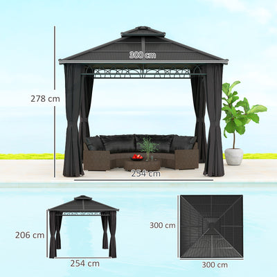 Outsunny 3 x 3 (m) Outdoor Polycarbonate Gazebo, Double\'c2\'a0Roof Hard Top Gazebo with\'c2\'a0Galvanised Steel Frame, Nettings\'c2\'a0&\'c2\'a0Curtains for Garden, Lawn, Patio and Deck, Dark Grey 