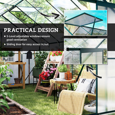 Outsunny 8 x 12ft Aluminium Greenhouse Polycarbonate Walk-in Garden Greenhouse Kit with Adjustable Roof Vent, Double Sliding Door, Rain Gutter and Foundation, Clear 
