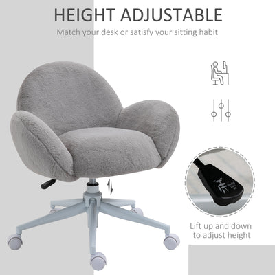 HOMCOM Makeup Vanity Chair, Cute Fluffy Desk Chair with Rolling Wheels for Bedroom Living Room, Grey 