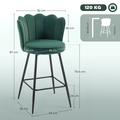 HOMCOM Set of Two Velvet-Feel Lotus Bar Stools - Dark Green 