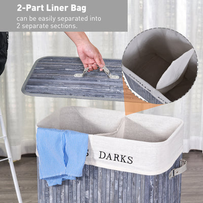 HOMCOM 100L Collapsible Natural Wood  Laundry Hamper Organizer Clothes Washing Basket Bin Storage Box w/Lid Removable Lining 52x32x63cm, Grey 