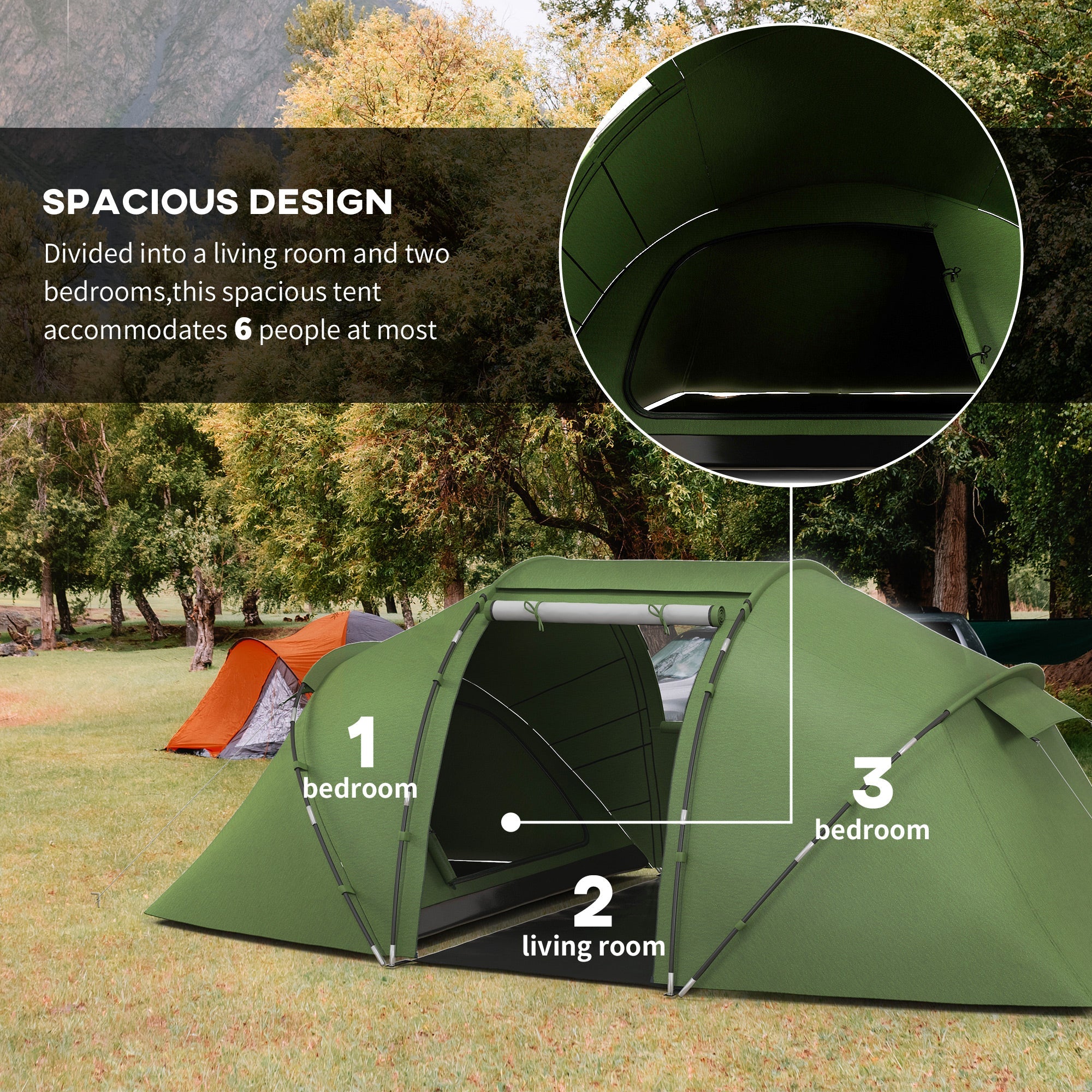 Outsunny 4-6 Man Camping Tent w/ Two Bedroom, Hiking Sun Shelter, UV Protection Tunnel Tent, Dark Green 
