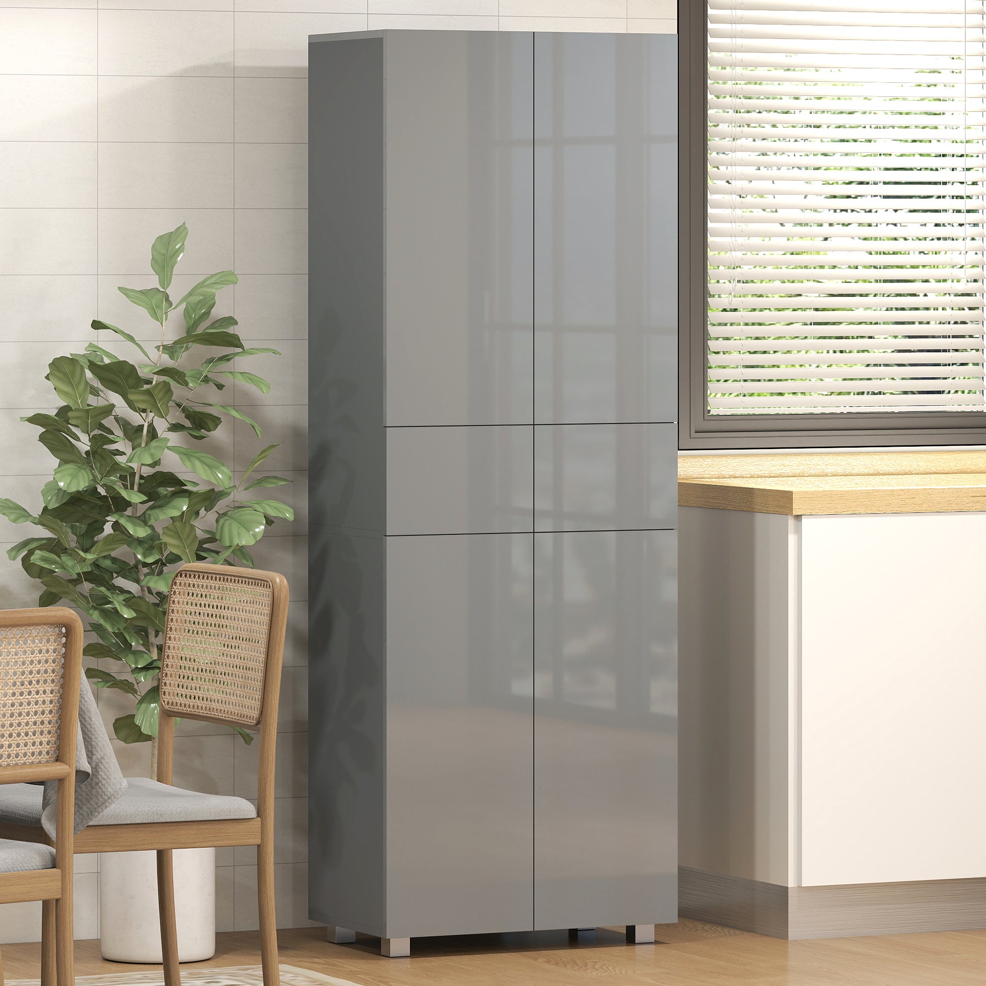 HOMCOM Storage Cabinet, Kitchen Cupboard with 3 Adjustable Shelves, 60L x 35W x 170H cm, High Gloss Grey 