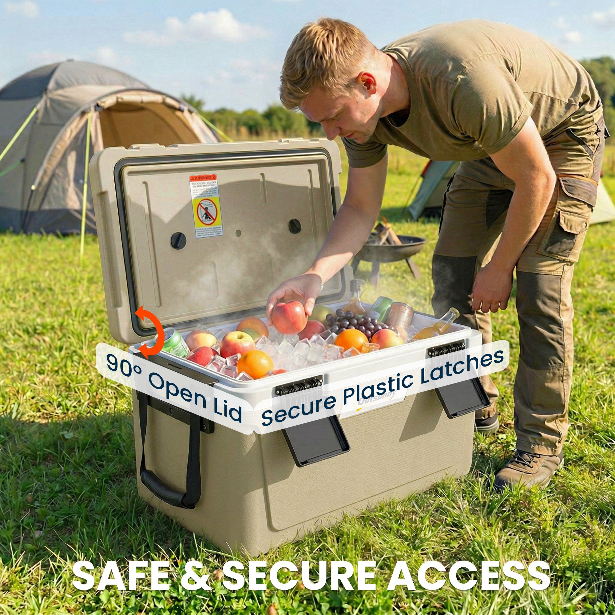 Outsunny 42.6L Insulated Cool Box, Lightweight Portable Ice Cooler with Handle, Lid and Drain Valve, Khaki 