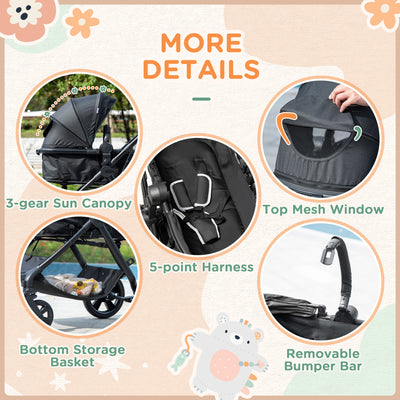 HOMCOM Foldable Baby Stoller, with Reclining Backrest, Adjustable Canopy, for Ages 0-36 Months - Black 