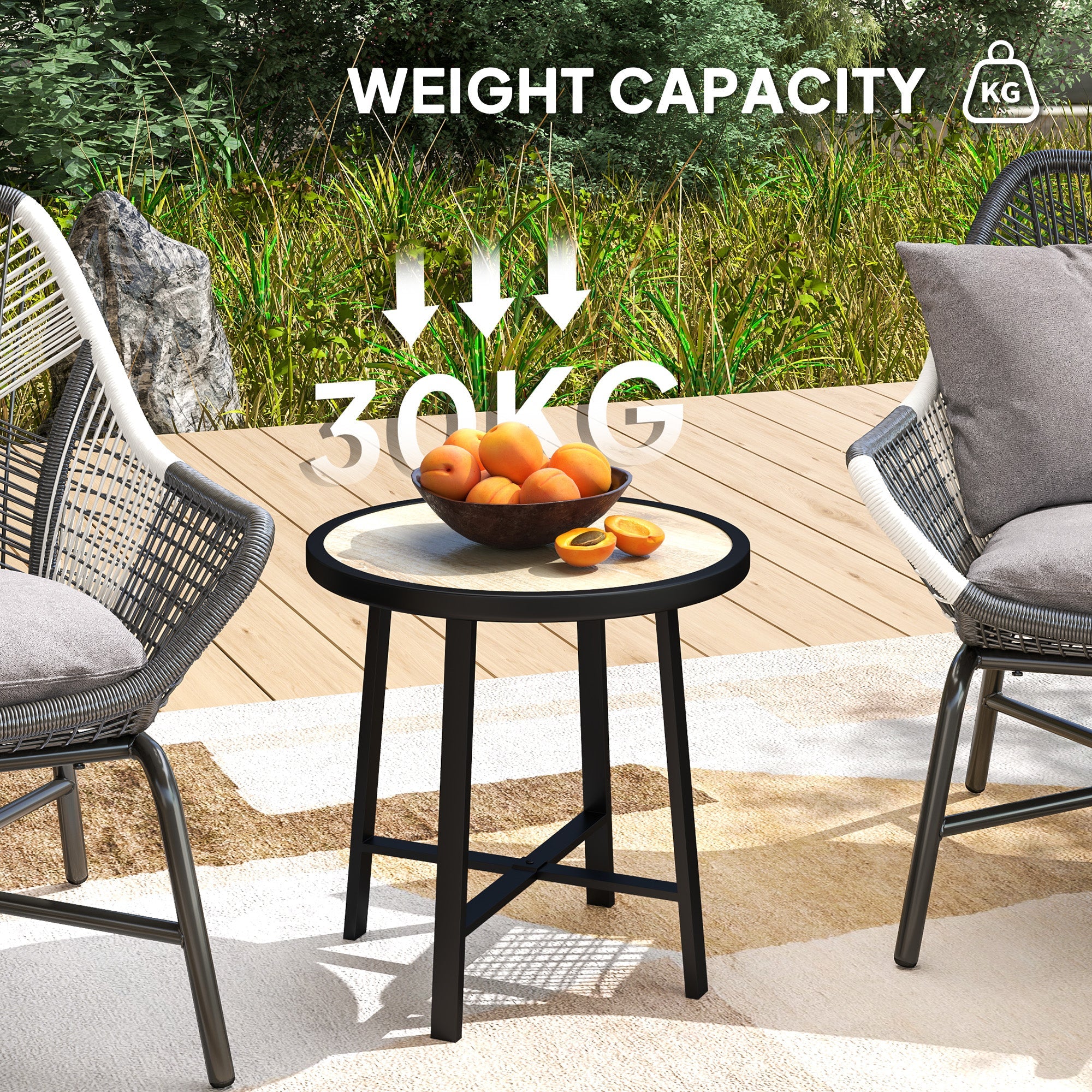 Outsunny Round Small Garden Table, 50.5cm Outdoor Side Table with SPC Tabletop, Metal Frame and Anti-slip Foot Pads for Garden, Balcony, Nature Wood Finish 