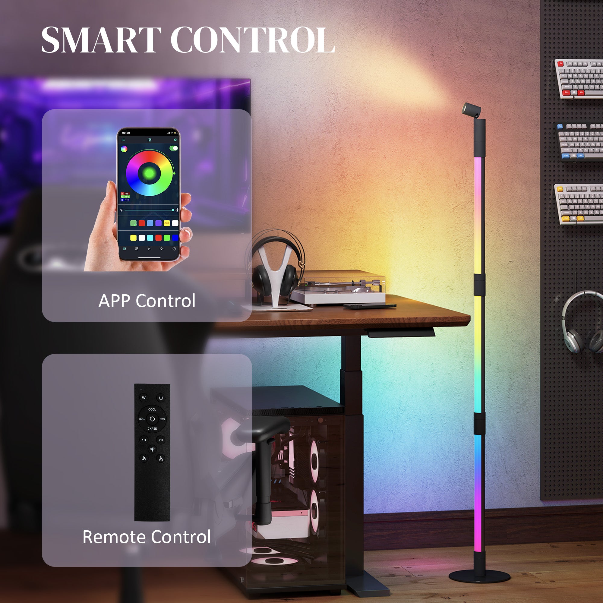 HOMCOM LED Floor Lamp with Reading Light, 360\'c2\'b0 RGB Detachable Corner Floor Lamp with App & Remote Control, Standing Lamp with Music Sync & Timing, for Living Room, Game Room, Dark Grey