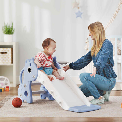 AIYAPLAY 3 in 1 Kids Slide with Climber, Basketball Hoop and Ball, Giraffe Shape Climber Slide for Indoor Kids Age 1-3, Blue 