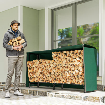 Outsunny Firewood Rack with Waterproof Cover, Heavy Duty Metal Log Store Indoors, Log Storage Holder for Outdoor Indoor Fireplace, 200 x 36 x 99 cm, Dark Green 
