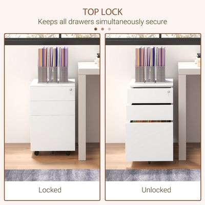 Vinsetto 3-Drawer Vertical Filing Cabinet with Pencil Tray, Lock and 5 Wheels, Steel Mobile File Cabinet, for A4, Legal and Letter Size, Pre-Assembled Body, White 