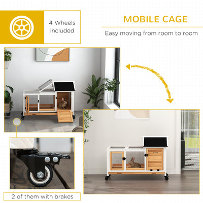 PawHut Wooden Rabbit Hutch, Guinea Pig Cage, with Removable Tray, Wheels - Yellow 