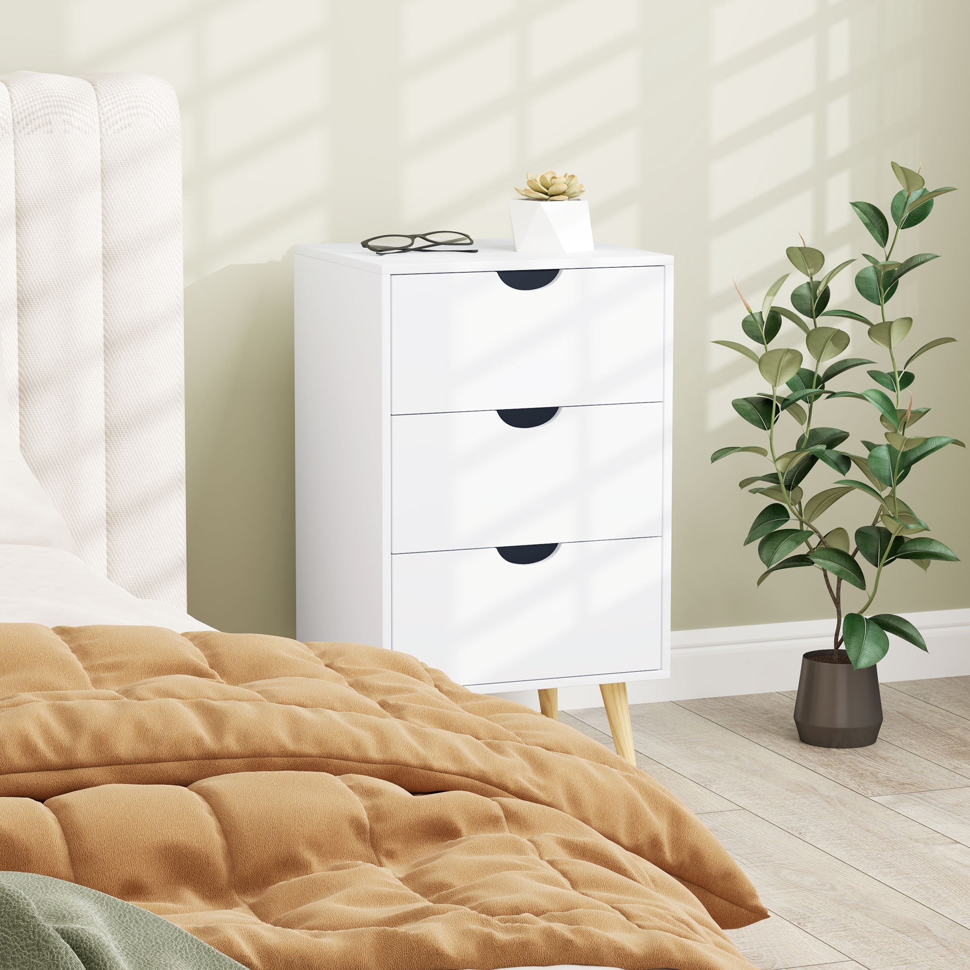 HOMCOM Bedside Table, Bedside Cabinet with 3 Drawers, Small Side Table with Wood Legs and Cut-out Handles for Bedroom, Cream White 