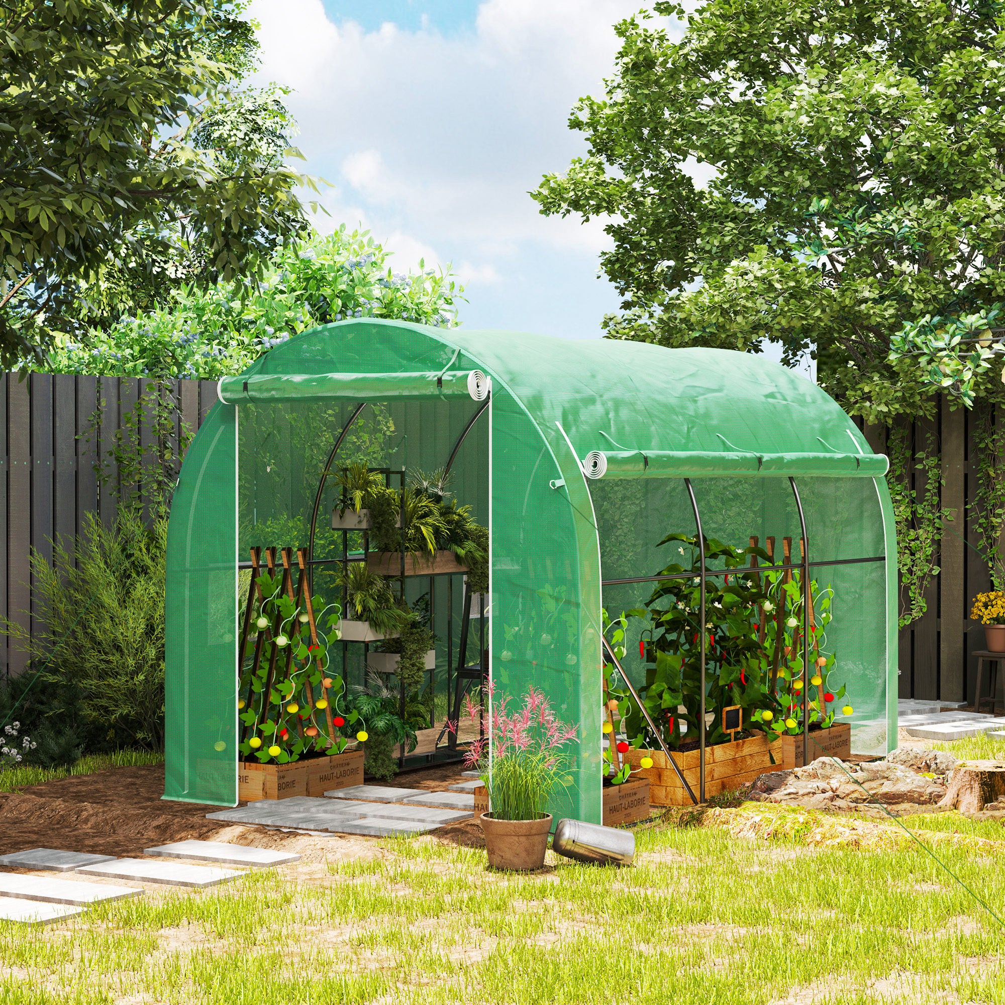 Outsunny 296 x 196cm Steel Frame Polytunnel Greenhouse - Green 