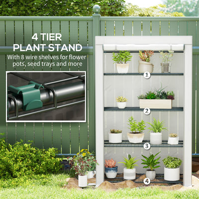 Outsunny 4 Tier Lean-to Mini Greenhouse with Reinforced PE Cover, Portable Small Greenhouse with Roll-Up Door, Grey Hemmed Edging, 110 x 50 x 171cm, Grey 