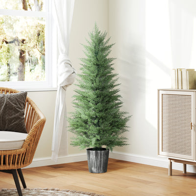 HOMCOM 135cm Artificial Cypress Trees Set of 2, UV Resistant Artificial Plants with Decorative Pot, Fake Plants for Indoor Outdoor Decor, Green 