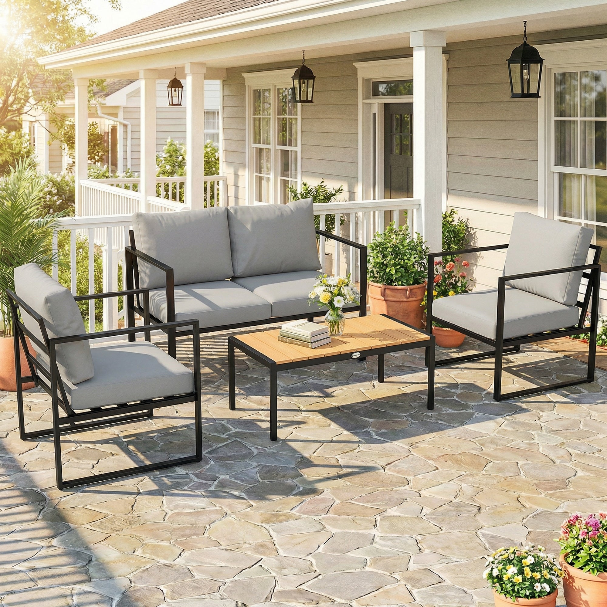 Outsunny Outdoor Garden Furniture Set, 4 Piece Patio Furniture with Slatted Table, Indoor Outdoor Balcony Patio Conservatory Set 