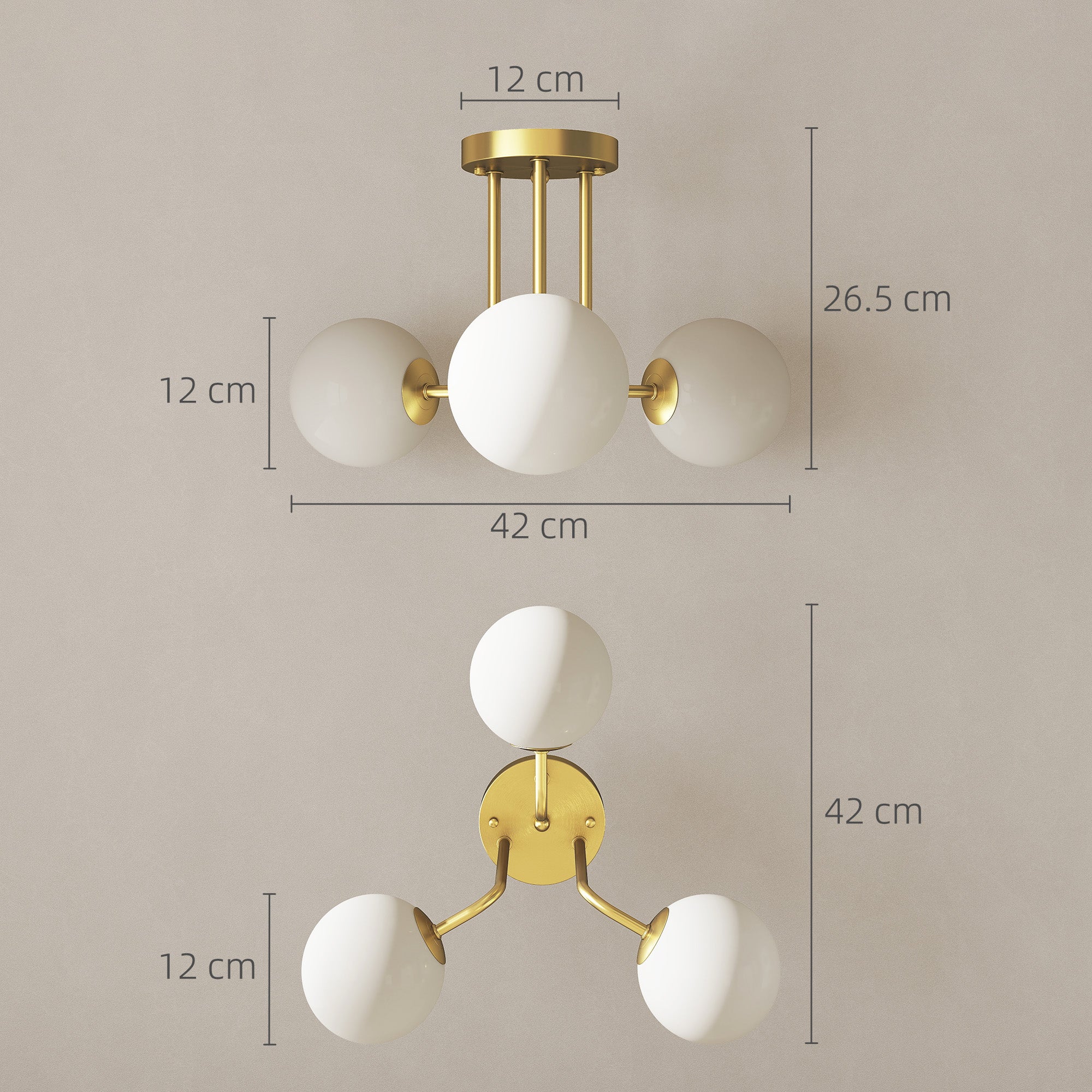 HOMCOM LED Ceiling Light with Globe Shades, Modern 3-Light Ceiling Light with G9 Sockets for Living Room, Bedroom, Dining Room, Bulbs Not Included, Gold Tone 